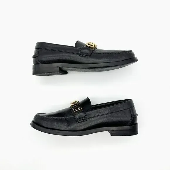GUCCI Cara Signature Letters Logo Black Loafers Size 37.5 Leather Flat Shoes - Picture 9 of 14